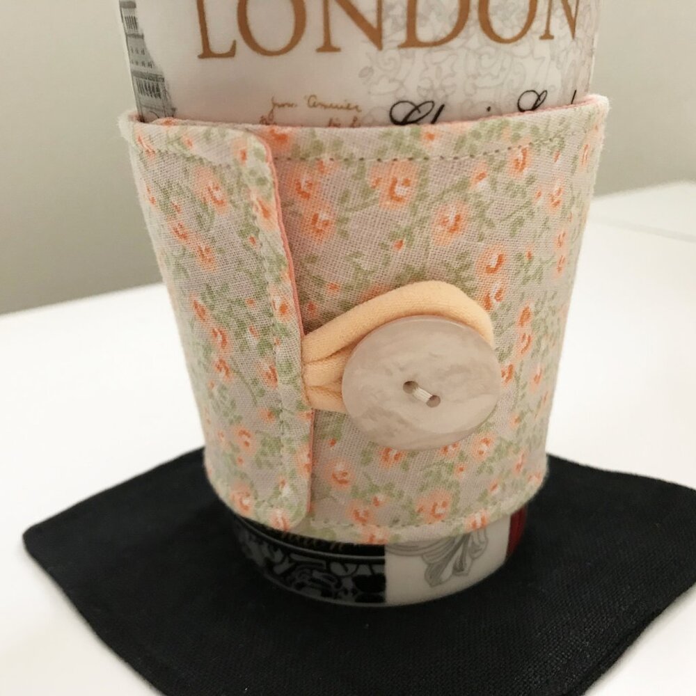 🌻5/$20 Handmade Fabric Coffee Cozy - Reusable Coffee Cup Sleeve, Peach Floral